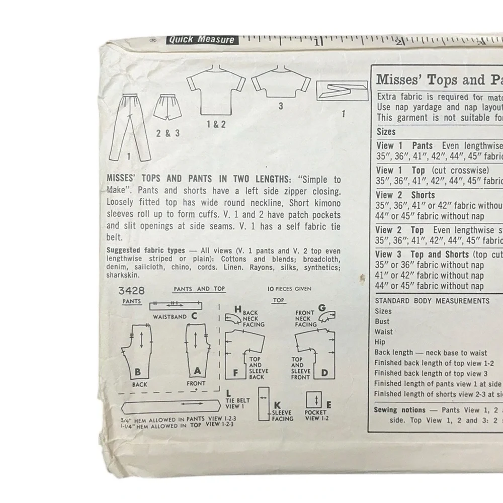 Simplicity Vintage Pattern 3428 Shorts Top Pants Easy